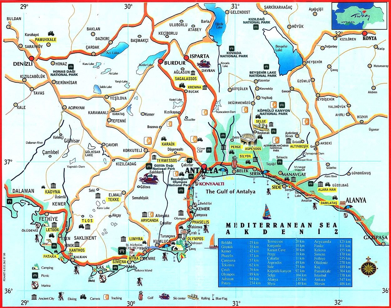 Карта побережья Анталии с достопримечательностями - Турция, скачать картуне на русском языке