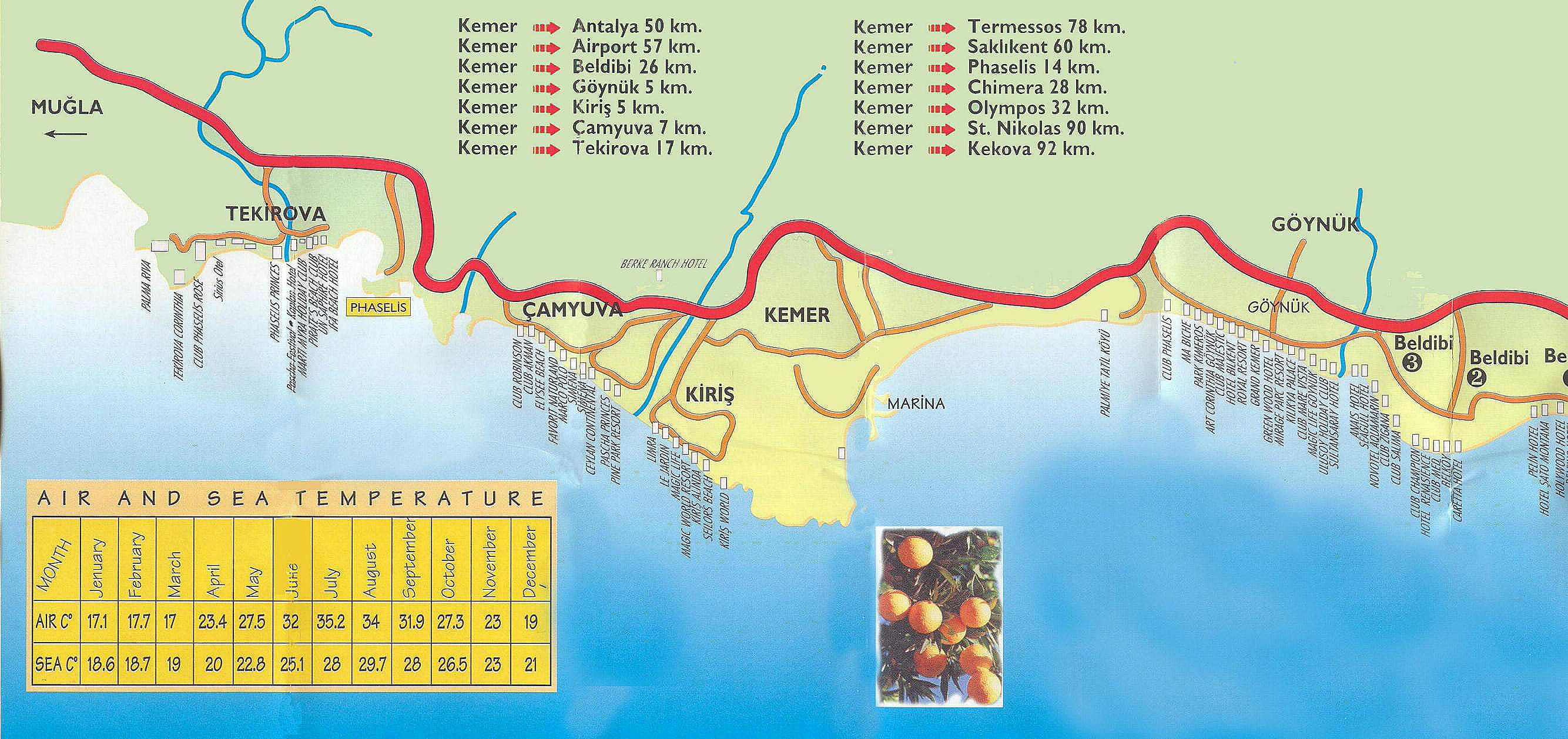 Карта побережья Кемера с курортами и поселками на русском языке, картапляжей Кемера и окрестностей