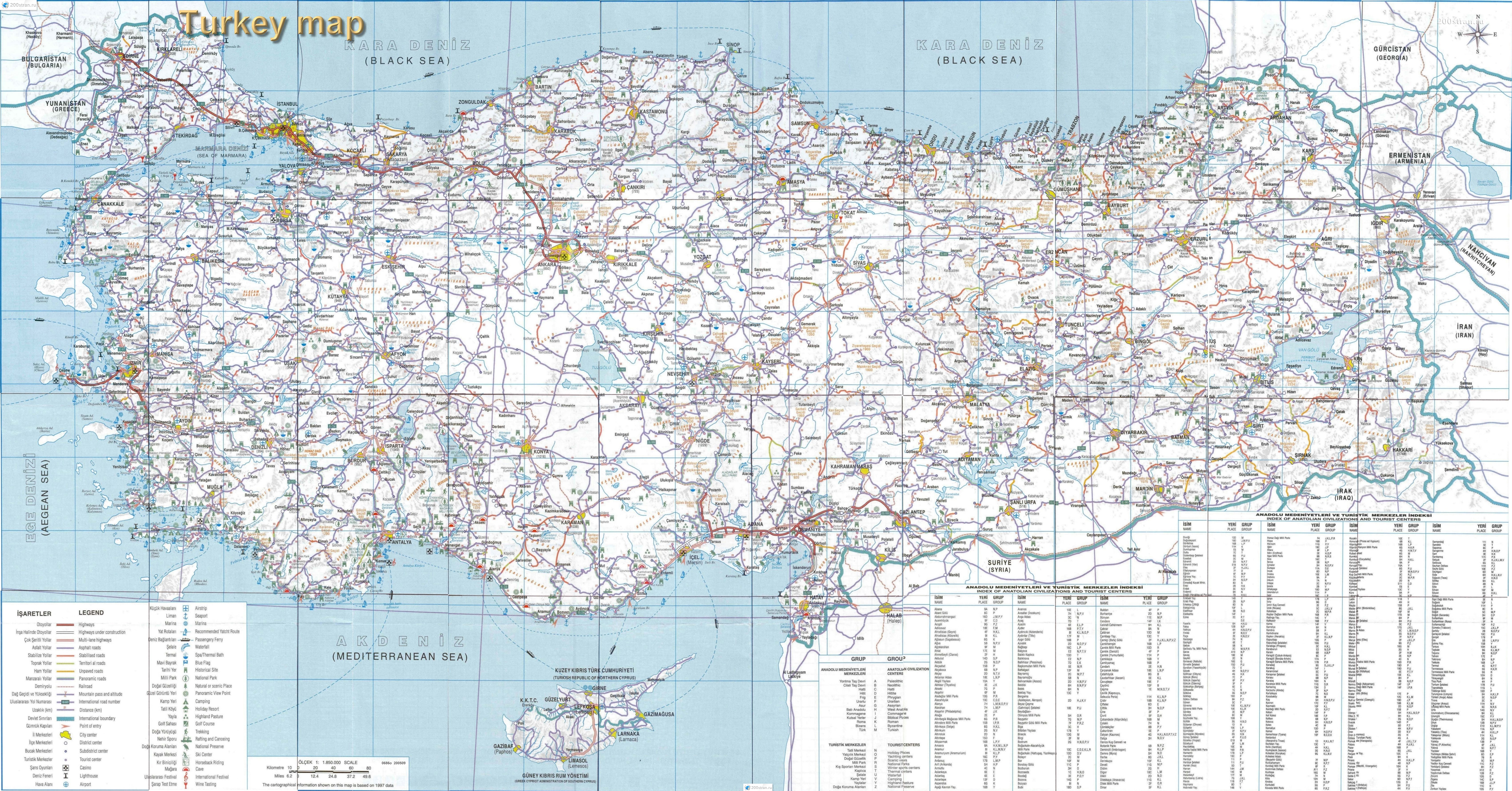 Географическая карта Турции, карта мира и страны не на русском языке
