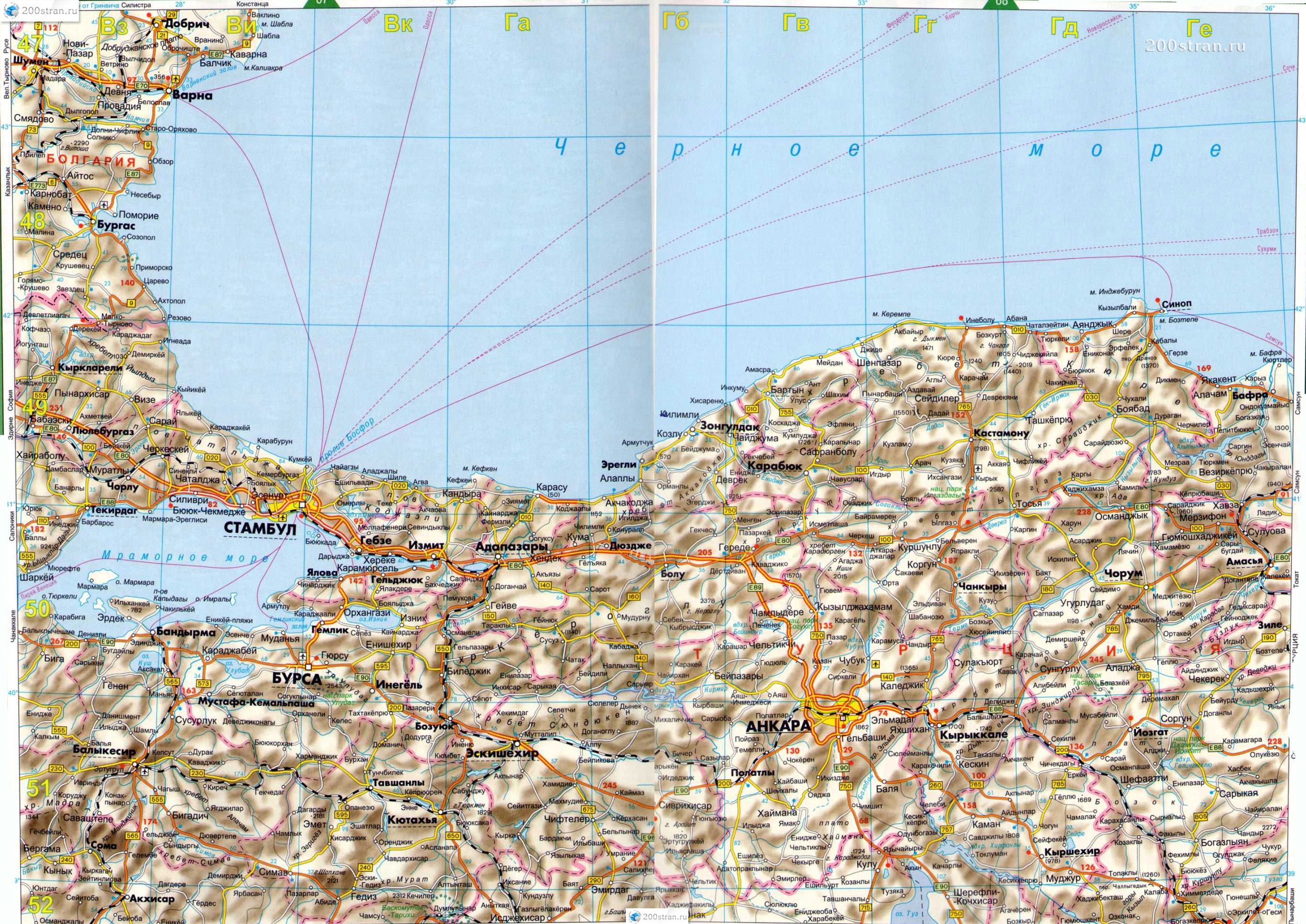 Карта Черного моря Турции, курорты и города на черноморском побережье Турции