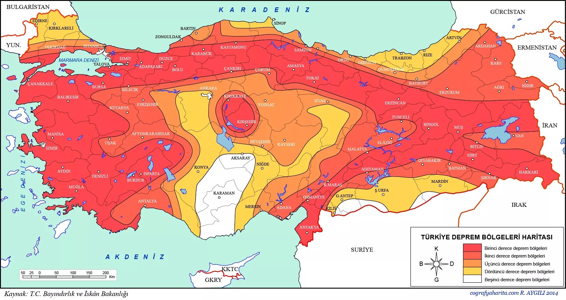 Карта сейсмической активности и землетрясений Турции с городами на русскомязыке