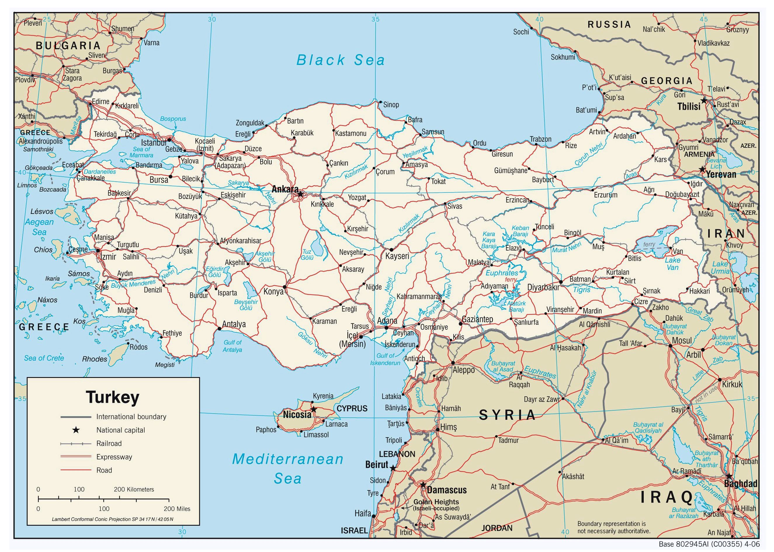 Политическая карта Турции, карта границ и соседних стран, граничащих стерриторией Турции на русском языке
