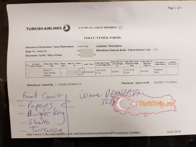 Ваучер на питание от Turkish Airlines