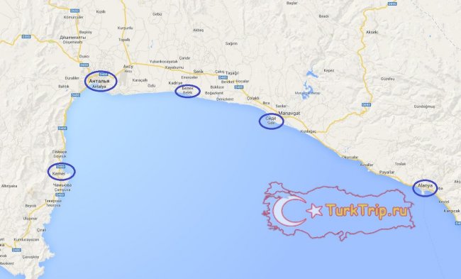 Карта с расположением курортов Турции на средиземном море