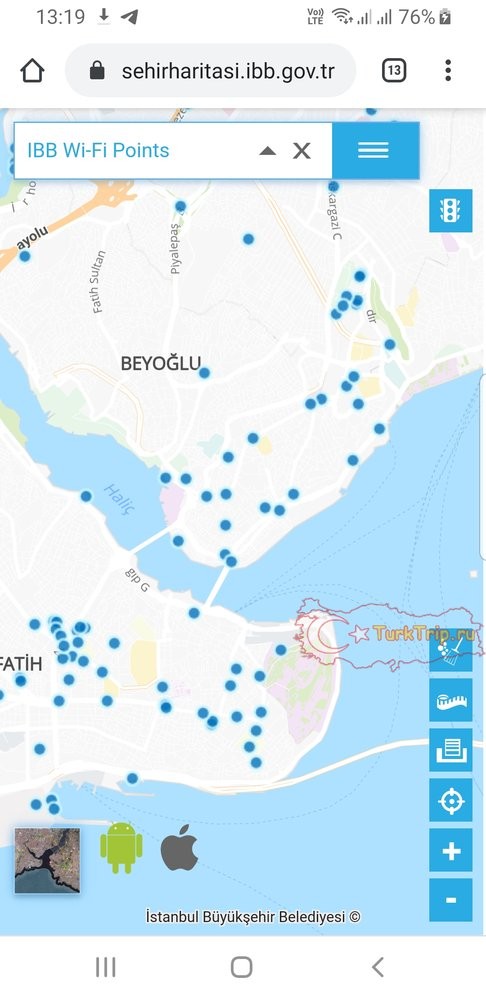 Карта центра Стамбула с точками Wi-Fi