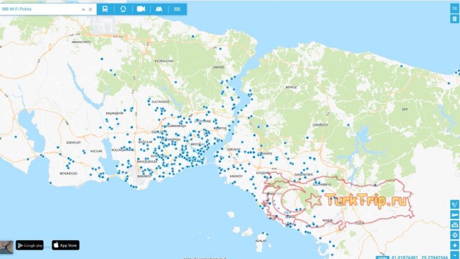 Карта Стамбула с обозначенными точками бесплатного WI-FI